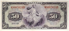 DEUTSCHLAND. BUNDESREPUBLIK DEUTSCHLAND. 
Lot von 102 Scheinen: 50 Deutsche Mark Serie 1948. Ros. 242, Gra. WBZ-7 stärker gebraucht, gebraucht, l. ge...
