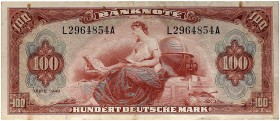 DEUTSCHLAND. BUNDESREPUBLIK DEUTSCHLAND. 
100 Deutsche Mark Serie 1948 L/A. Ros. 244, Gra. WBZ-8 Heftklammerlöcher, stärker gebraucht