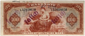 DEUTSCHLAND. BUNDESREPUBLIK DEUTSCHLAND. 
Verkehrsfälschung der 100 Deutsche Mark Serie 1948 L/B mit „falsch“ Stempel und handschrift­liche Vermerke,...