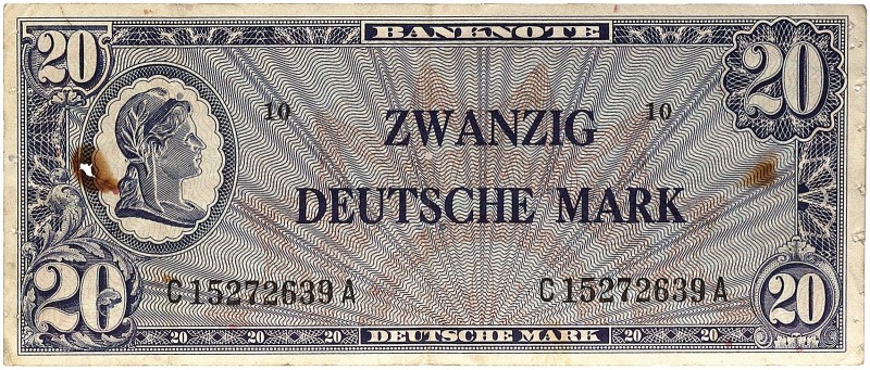 DEUTSCHLAND. BUNDESREPUBLIK DEUTSCHLAND. 
20 Deutsche Mark o. D. (1948). Ros. 2...