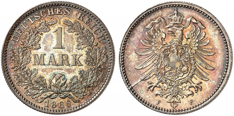 J. 9, EPA 55 
1 Mark 1886 F. schöne Patina, winz. Kr., f. St