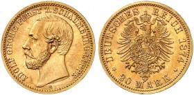 SCHAUMBURG - LIPPE. Adolf Georg, 1860-1893. J. 284, EPA 20/58 
20 Mark 1874. Prachtexemplar ! f. St