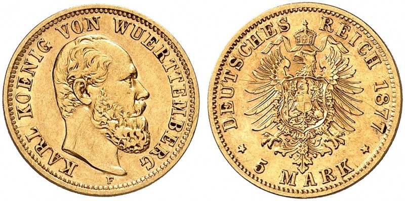 WÜRTTEMBERG. Karl, 1864-1891. J. 291, EPA 5/86 
5 Mark 1877. ss