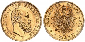 WÜRTTEMBERG. Karl, 1864-1891. J. 291, EPA 5/86 
5 Mark 1878. der seltene Jahrgang ! PCGS MS 62, vz - St