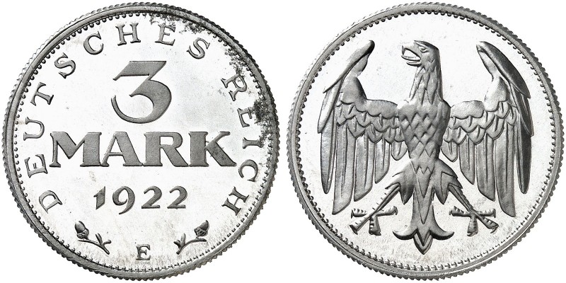 ERSATZ - UND INFLATIONSMÜNZEN 1919 - 1923. J. 302, EPA 3/39 
3 Mark 1922 E. RR ...