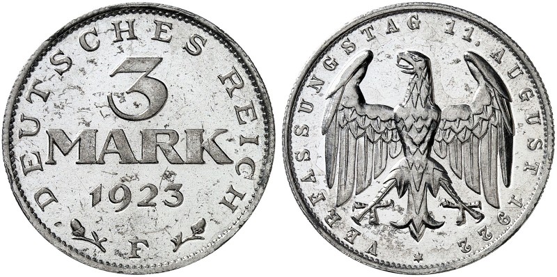 ERSATZ - UND INFLATIONSMÜNZEN 1919 - 1923. J. 303, EPA 3/40 
3 Mark 1923 F. RR ...