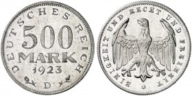 ERSATZ - UND INFLATIONSMÜNZEN 1919 - 1923. J. 305, EPA N 16 
500 Mark 1923 D. PP