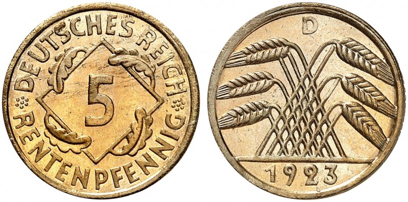 KURS - UND GEDENKMÜNZEN. J. 308, EPA 21 
5 Rentenpfennig 1923 D. in dieser Erha...