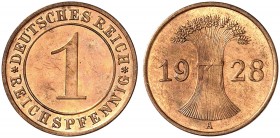 KURS - UND GEDENKMÜNZEN. J. 313, EPA 5 
1 Reichspfennig 1928 A. in dieser Erhaltung sehr selten ! PP