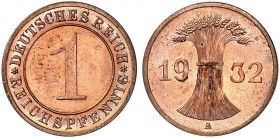 KURS - UND GEDENKMÜNZEN. J. 313, EPA 5 
1 Reichspfennig 1932 A. in dieser Erhaltung sehr selten ! PP