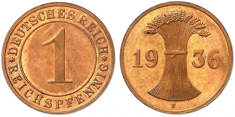 KURS - UND GEDENKMÜNZEN. J. 313, EPA 5 
1 Reichspfennig 1936 F. in dieser Erhal...