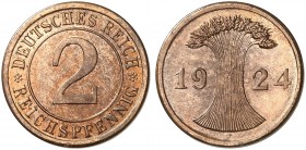 KURS - UND GEDENKMÜNZEN. J. 314, EPA 14 
2 Reichspfennig 1924 F. in dieser Erhaltung sehr selten ! PP