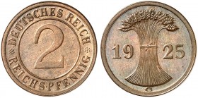 KURS - UND GEDENKMÜNZEN. J. 314, EPA 14 
2 Reichspfennig 1925 G. in dieser Erhaltung sehr selten ! schöne Kupferpatina, PP