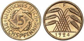 KURS - UND GEDENKMÜNZEN. J. 316, EPA 22 
5 Reichspfennig 1924 F. in dieser Erhaltung sehr selten ! PP