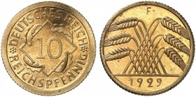 KURS - UND GEDENKMÜNZEN. J. 317, EPA 33 
10 Reichspfennig 1929 F. in dieser Erhaltung sehr selten ! PP
