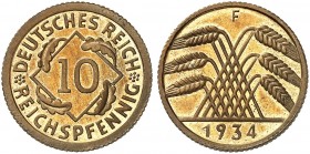 KURS - UND GEDENKMÜNZEN. J. 317, EPA 33 
10 Reichspfennig 1934 F. in dieser Erhaltung sehr selten ! PP
