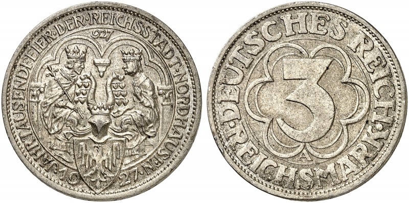 KURS - UND GEDENKMÜNZEN. J. 327, EPA 3/45 
3 RM 1927 A, Nordhausen. vz