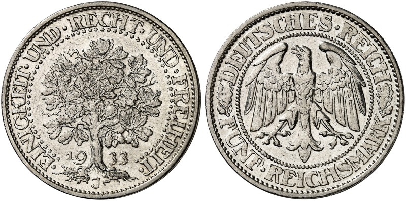 KURS - UND GEDENKMÜNZEN. J. 331, EPA 5/64 
5 RM 1933 J, Eichbaum. RR ! f. vz