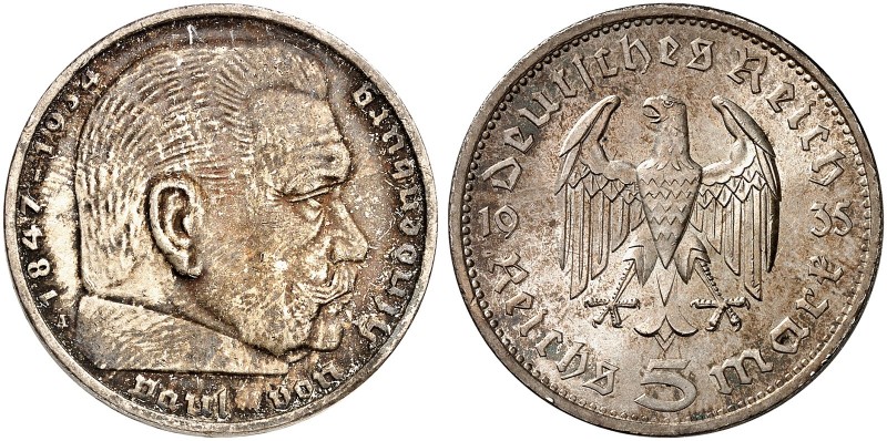 J. 360, EPA 5/75 
5 RM 1935 A, Hindenburg mit Reichs­adler. schöne Patina, St
