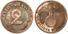 J. 362, EPA 15 
2 Reichspfennig 1937 F. in dieser Erhaltung sehr selten ! schöne Kupferpatina, PP