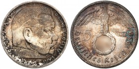 J. 367, EPA 5/76 
5 RM 1936 G, Hindenburg mit Haken­kreuz. schöne Patina, f. St