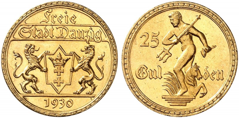 FREIE STADT DANZIG. J. D 11, EPA D 21 
25 Gulden 1930, Neptun mit Drei­zack. Go...