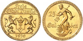 FREIE STADT DANZIG. J. D 11, EPA D 21 
25 Gulden 1930, Neptun mit Drei­zack. Gold winz. Kr., f. St