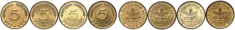 J. 377 
Lot von 4 Stück: 5 Pfennig 1949 D - J, EPA 1 - 4. f. St