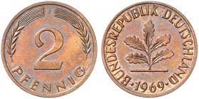 Bundesrepublik Deutschland. J. 381, N. 525 
2 Pfennig 1969 J, Kupfer, EPA 52 V 2. RR ! schöne Kupfer-Patina, vz