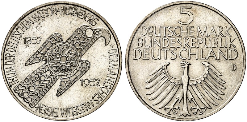 GEDENKMÜNZEN. J. 388, EPA G 1 
5 DM 1952 D, Germanisches Museum. vz