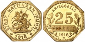 NOTMÜNZEN. Hattingen. 
Goldabschlag von den Stempeln der 25 Pfennig 1918. Funck 196.4, Schlumb. N 18 Gold, Auflage 4 Exemplare ! PP