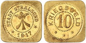 NOTMÜNZEN. Stralsund. 
Klippenförmiger Goldabschlag von den Stempeln des 10 Pfennig-Stückes 1917. Funck - , vgl. 523.2, Menzel - , vgl. 24245, Schlum...