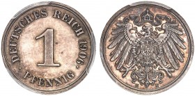 KAISERREICH. J. 10, Schaaf 10 / M 3, Slg. Beckenb. 3063 
1 Pfennig 1906 E, Kettenrand. Silber, RR ! PCGS SP 63, f. St