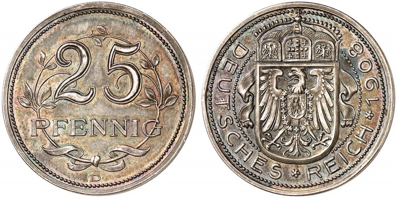 KAISERREICH. zu J. 18, Schaaf 18 / G 33, Slg. Beckenb. 3171 
25 Pfennig 1908 D,...