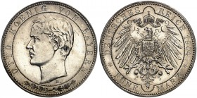 BAYERN. Otto II., 1886-1913. zu J. 46, Schaaf 46 / G 1, Slg. Beckenb. 3233 
5 Mark 1904 D, geriffelter Rand. Silber 34,78 mm Ø, 3,20 mm dick, 27,74 g...