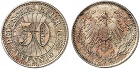 WEIMARER REPUBLIK. zu J. 324, Schaaf 324 / G 35, Slg. Beckenb. - 
50 Reichspfennig 1927 F, geriffelter Rand. Kupfer-Nickel 19,64 mm Ø, 1,77 mm dick, ...