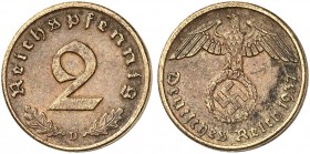 DRITTES REICH. zu J. 362, Schaaf - , Slg. Beckenb. - 
2 Reichspfennig 1937 D, auf Messing­schrötling für 10 Reichspfennig ge­prägt, glatter Rand. RR ...