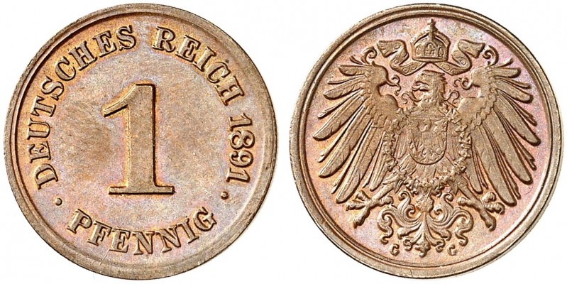 J. 10, EPA 2 
1 Pfennig 1891 G. in dieser Erhaltung sehr selten ! schöne Kupfer...
