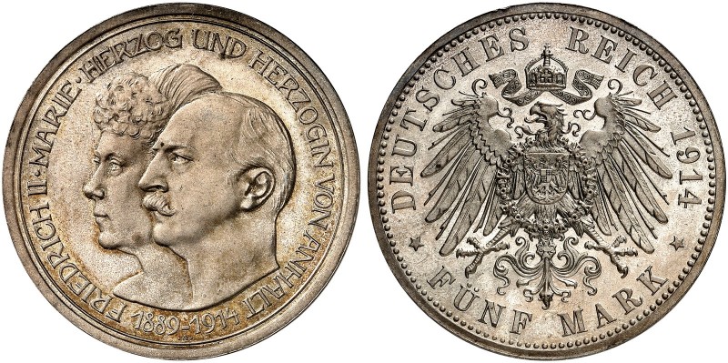 ANHALT. Friedrich II., 1904-1918. J. 25, EPA 5/2 
5 Mark 1914, zur Silberhochze...