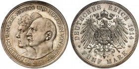 ANHALT. Friedrich II., 1904-1918. J. 25, EPA 5/2 
5 Mark 1914, zur Silberhochzeit mit Marie. Prachtexemplar ! winz. Kr., St