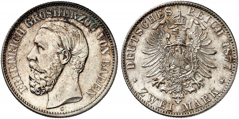 BADEN. Friedrich I., 1852-1907. J. 26, EPA 2/4 
2 Mark 1877. schöne Patina, win...