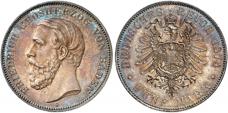 BADEN. Friedrich I., 1852-1907. J. 27 F, EPA 5/4 
5 Mark 1875, ohne Querstrich ...