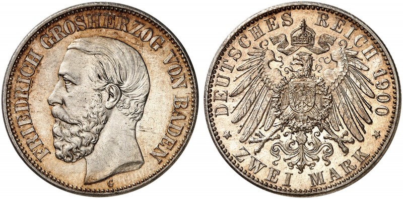 BADEN. Friedrich I., 1852-1907. J. 28, EPA 2/5 
2 Mark 1900. schöne Patina, kl....