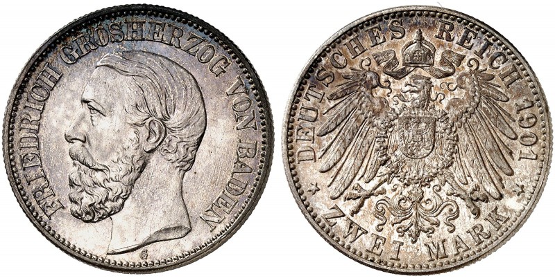 BADEN. Friedrich I., 1852-1907. J. 28, EPA 2/5 
2 Mark 1901. schöne Patina, St