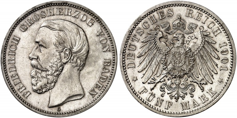 BADEN. Friedrich I., 1852-1907. J. 29, EPA 5/5 
5 Mark 1901. Prachtexemplar ! S...