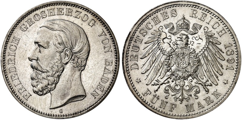 BADEN. Friedrich I., 1852-1907. J. 29 F, EPA 5/6 
5 Mark 1891, ohne Querstrich ...