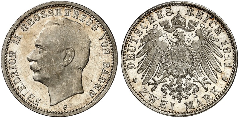 BADEN. Friedrich II., 1907-1918. J. 38, EPA 2/10 
2 Mark 1911. kl. Kr., f. St