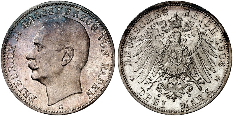 BADEN. Friedrich II., 1907-1918. J. 39, EPA 3/3 
3 Mark 1908. schöne Patina, St...