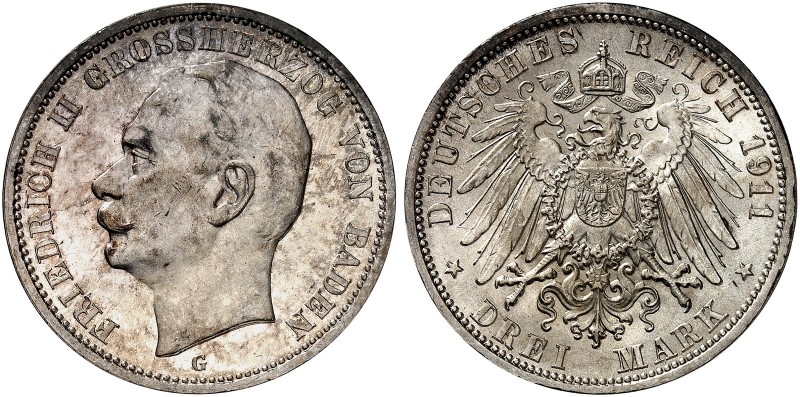 BADEN. Friedrich II., 1907-1918. J. 39, EPA 3/3 
3 Mark 1911. kl. Kr., f. St / ...