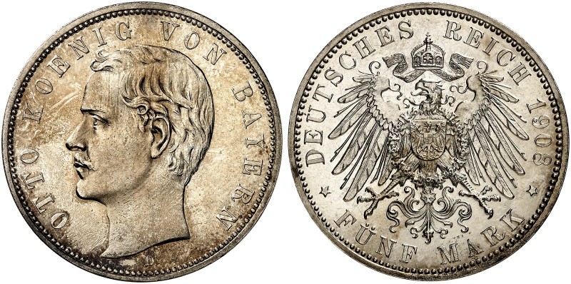 BAYERN. Otto II., 1886-1913. J. 46, EPA 5/14 
5 Mark 1908. schöne Patina, winz....